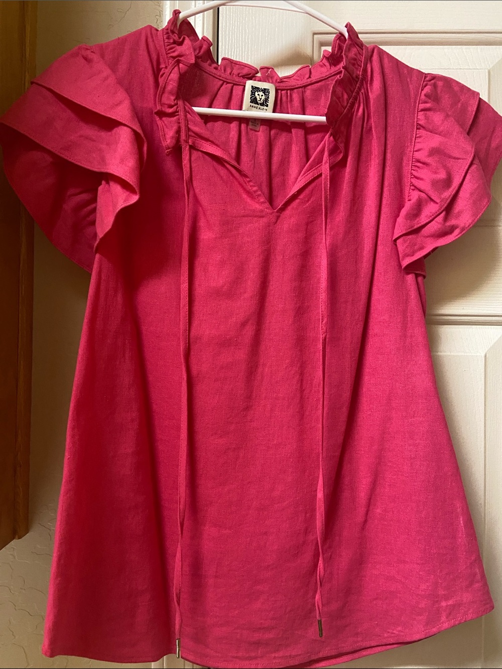 Anne Klein Hot Pink Ruffle Sleeve V-Neck Tunic